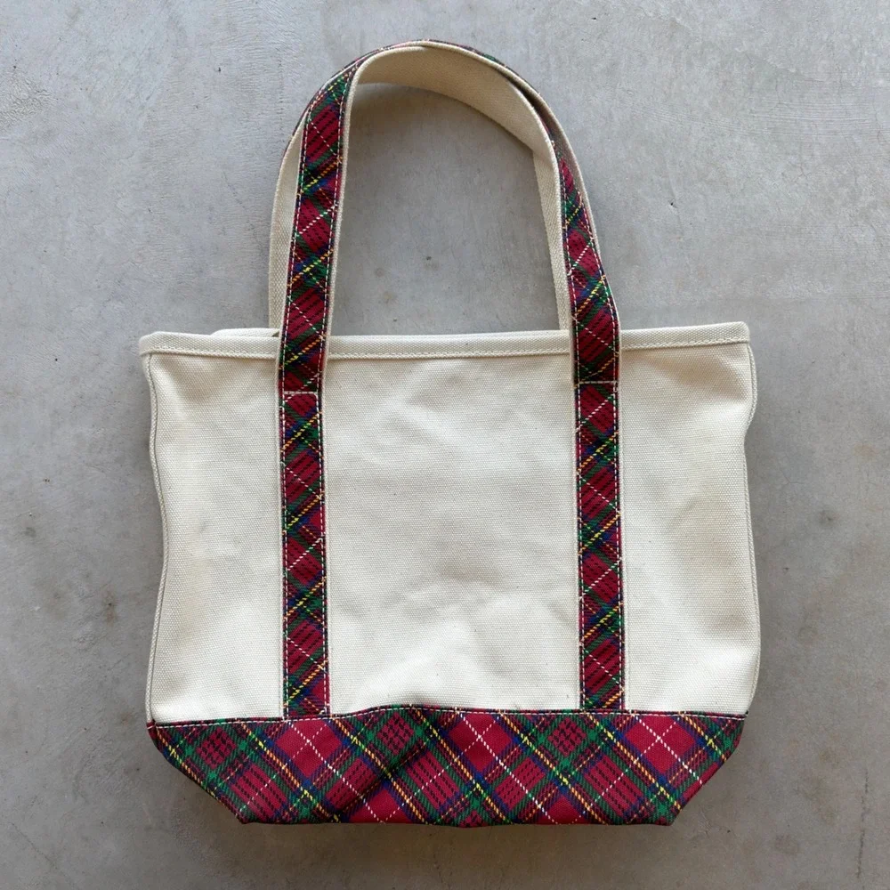 Lands End Canvas Tote Bag Cream Red Plaid Tartan Holiday Medium Open Top